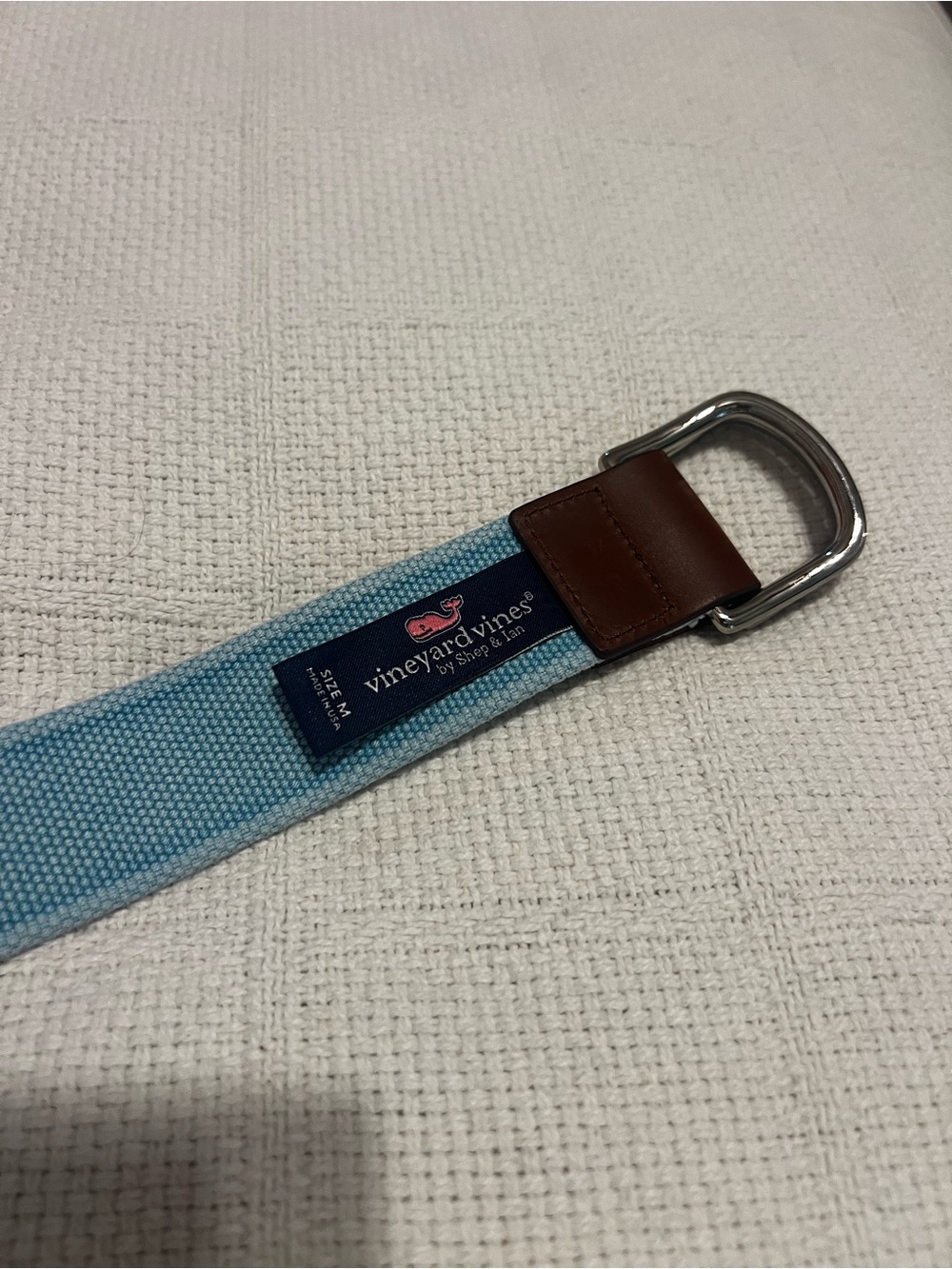 Vineyard Vines Light Blue Canvas D-Ring Belt with Brown Leather Trim
